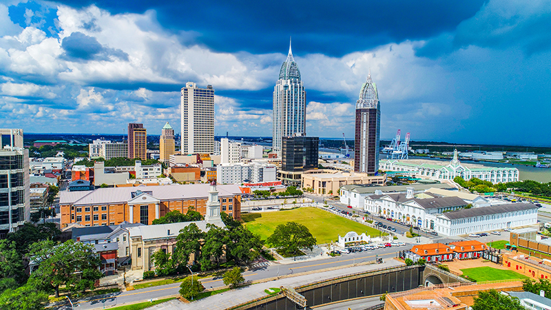 Drone Aerial View of Downtown Mobile Alabama AL Skyline