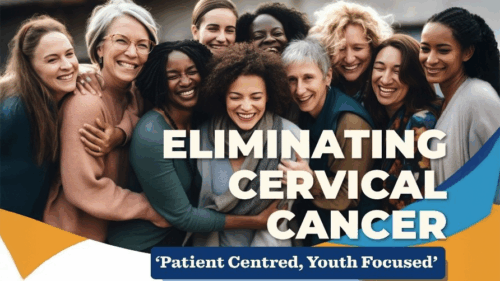 Group of ladies with text overlay eliminating cervical cancer.